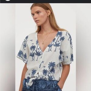 H&M +Desmond & Dempsey Linen Blend Top white blue embroidered